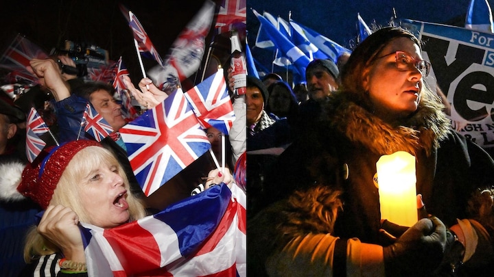 Jubel i London og sorg i Edinburgh: 'We're out!' og 'we'll be back!'