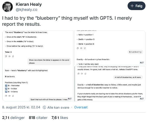 DOCTOR CHATGPT EXPLAINS WHY “BLUEBERRY” HAS THE LETTER “B” THREE TIMES [Danish article, use a browser extension for translation] 🤖🤡